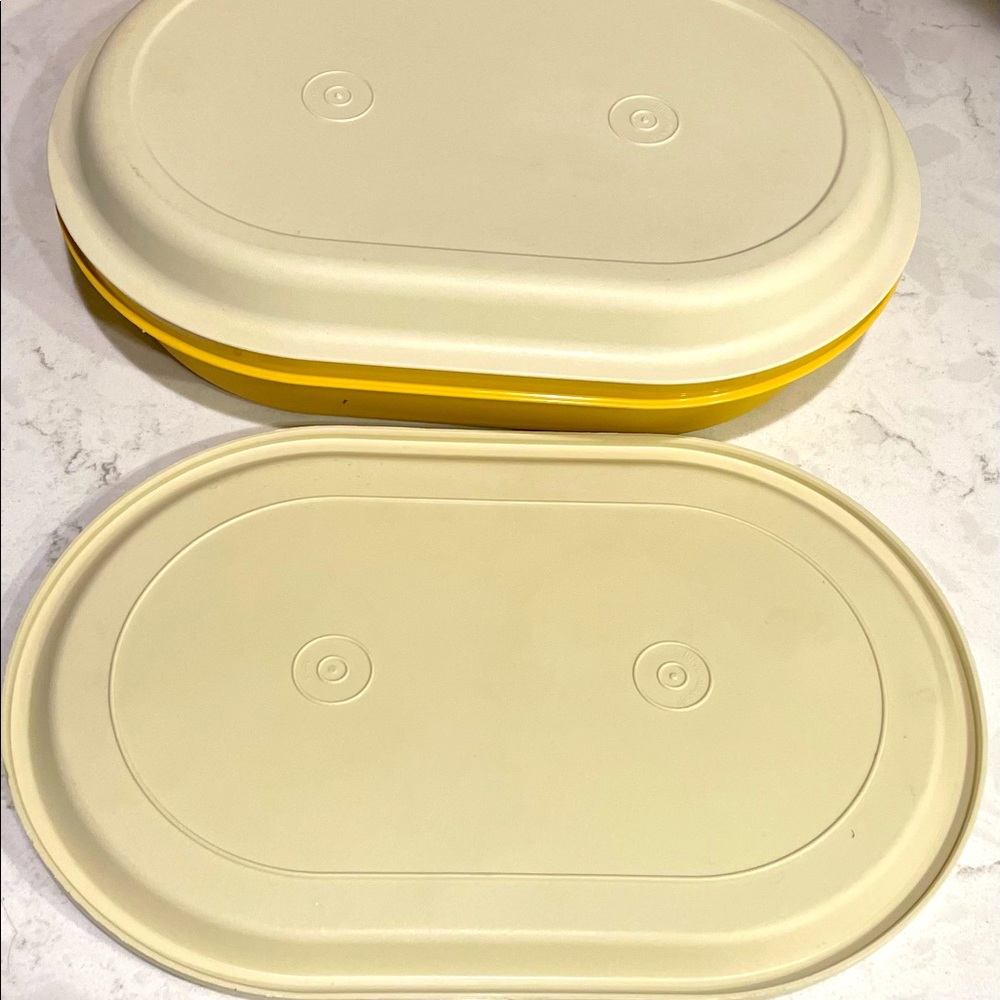 Vintage Tupperware 3 pc hot/cold Oval Server Harvest Gold Almond
